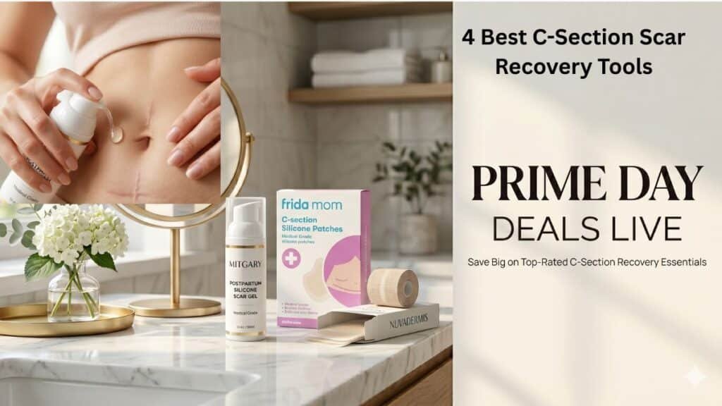 Premium C-section scar recovery tools collection showing Mitgary gel, Frida Mom patches, and Nuvadermis tape roll arranged on a vanity with a Prime Day sale announcement banner.