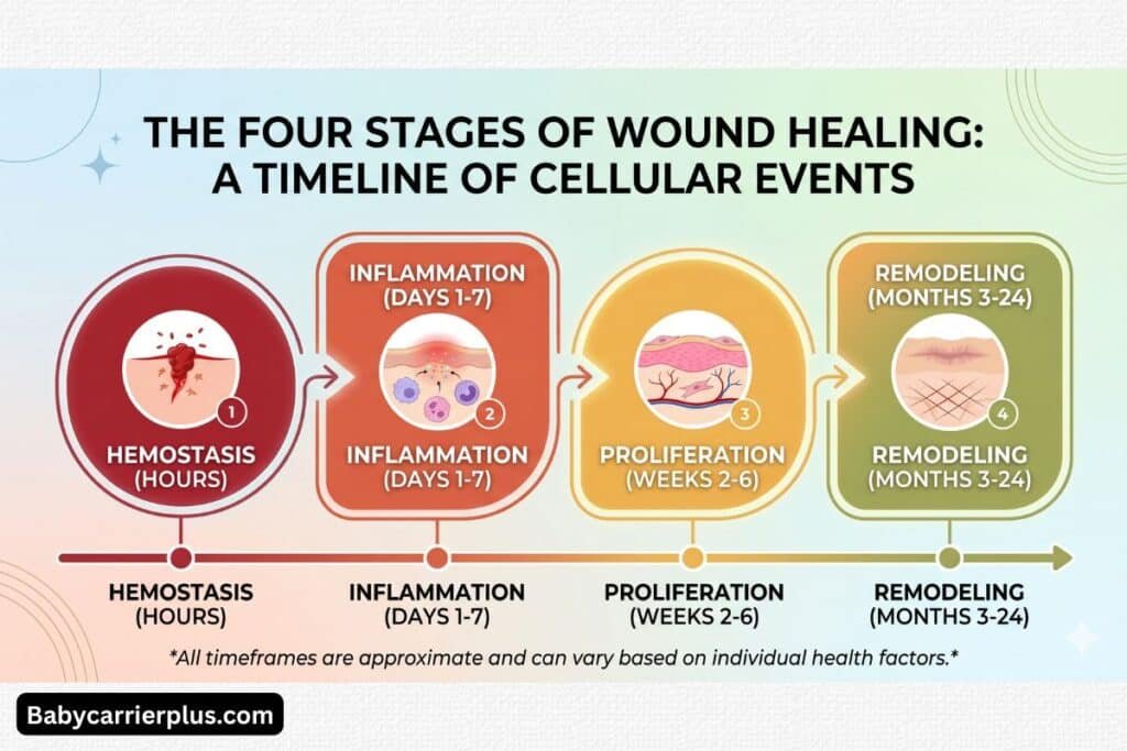 An infographic timeline detailing the four cellular stages of wound healing during C-Section scar recovery: Hemostasis, Inflammation, Proliferation, and Remodeling.