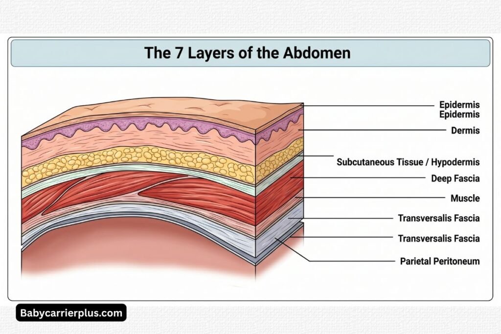 Anatomical diagram illustrating the 7 layers of the abdomen affected during surgery, highlighting the depth of tissue involved in C-Section scar recovery.
