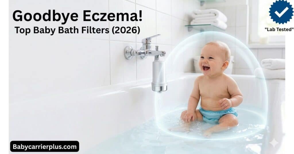 An informational featured image for an article on the best baby bath filter for eczema. It displays bold text that declares: Goodbye Eczema! Top Baby Bath Filters (2026), alongside the blue ""Lab Tested"" trust badge and a watermark for babycarrierplus.com. The visual shows a happy baby in a protective bubble, a water filter, and clean bathtub water.