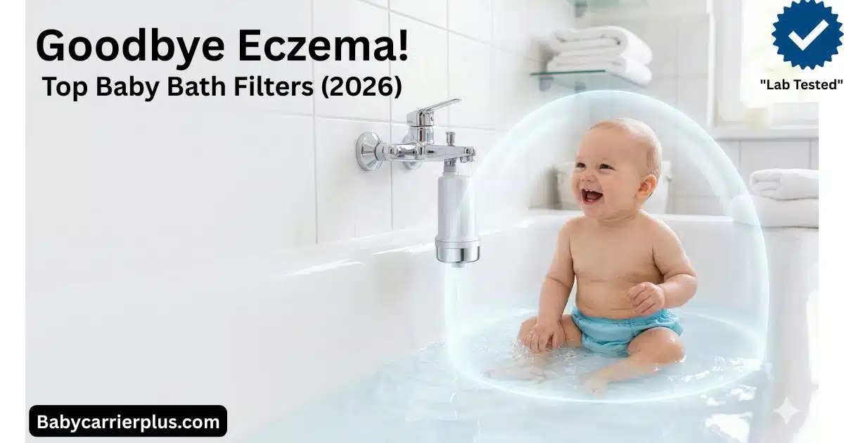 An informational featured image for an article on the best baby bath filter for eczema. It displays bold text that declares: Goodbye Eczema! Top Baby Bath Filters (2026), alongside the blue ""Lab Tested"" trust badge and a watermark for babycarrierplus.com. The visual shows a happy baby in a protective bubble, a water filter, and clean bathtub water.
