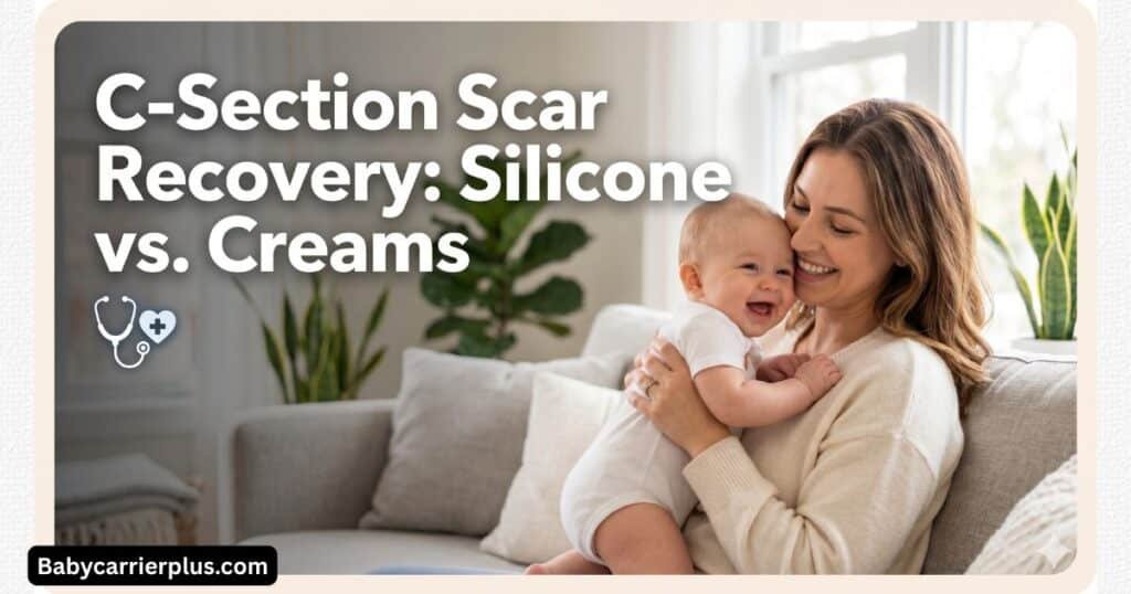 A mother holding her newborn baby, illustrating a comprehensive guide on C-Section scar recovery using medical-grade silicone strips and growth factor creams.
