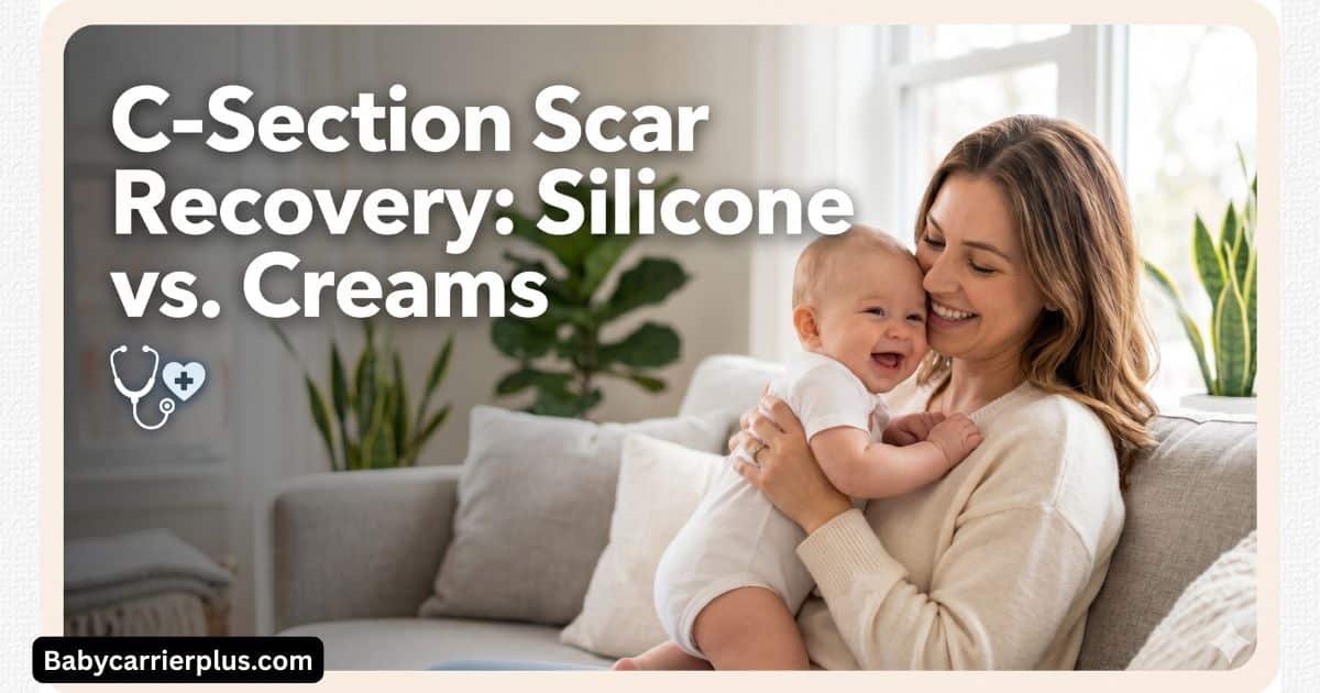 A mother holding her newborn baby, illustrating a comprehensive guide on C-Section scar recovery using medical-grade silicone strips and growth factor creams.