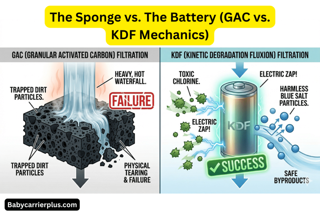 A visual comparison for selecting the **Best baby bath filter for eczema**, showing GAC failing under hot water pressure while KDF successfully neutralizes chlorine.