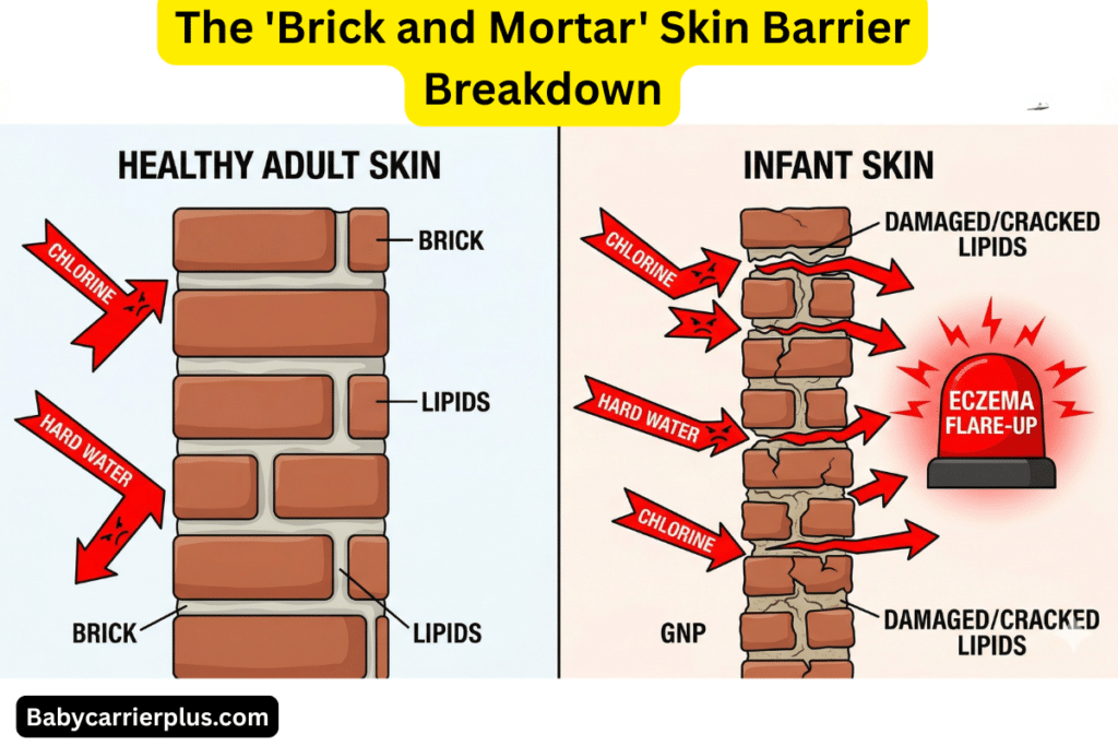 Diagram showing a healthy adult skin barrier versus a damaged infant skin barrier reacting to chlorine and hard water, causing eczema.