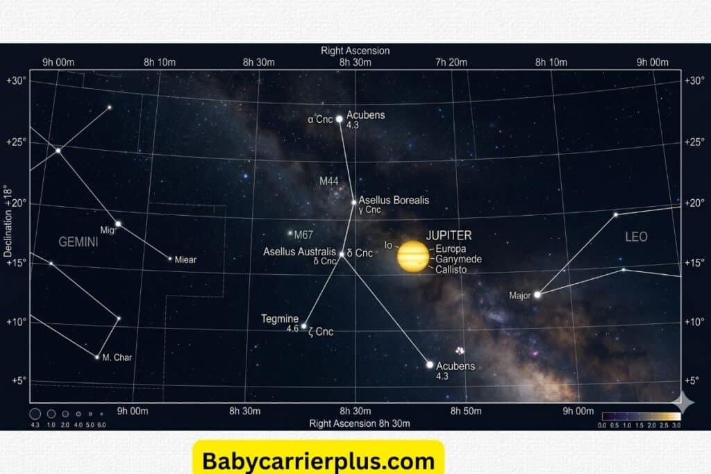 "Detailed 2026 star map showing Jupiter transit in the Cancer constellation with precise celestial coordinates and star alignments for astrology name selection."