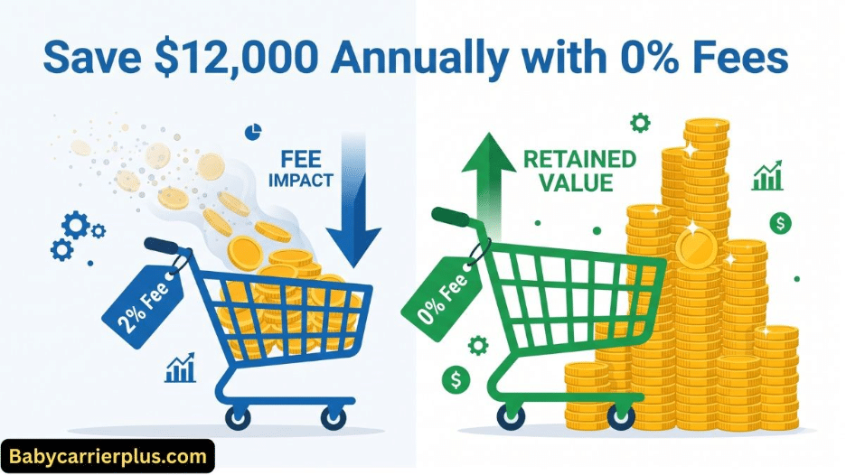 Comparison infographic showing $12,000 annual savings with Hostinger's 0% transaction fees versus a 2% fee on other platforms.