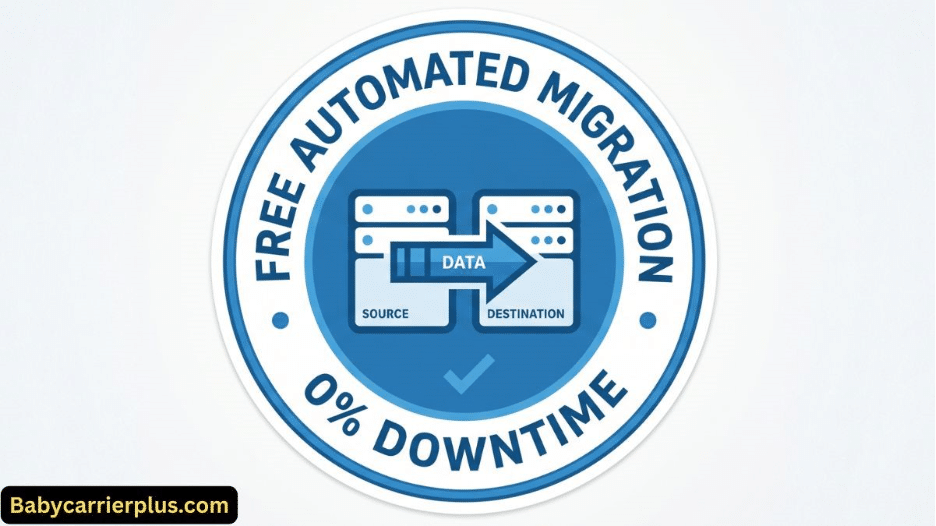 Hostinger free automated website migration badge with 0% downtime guarantee.