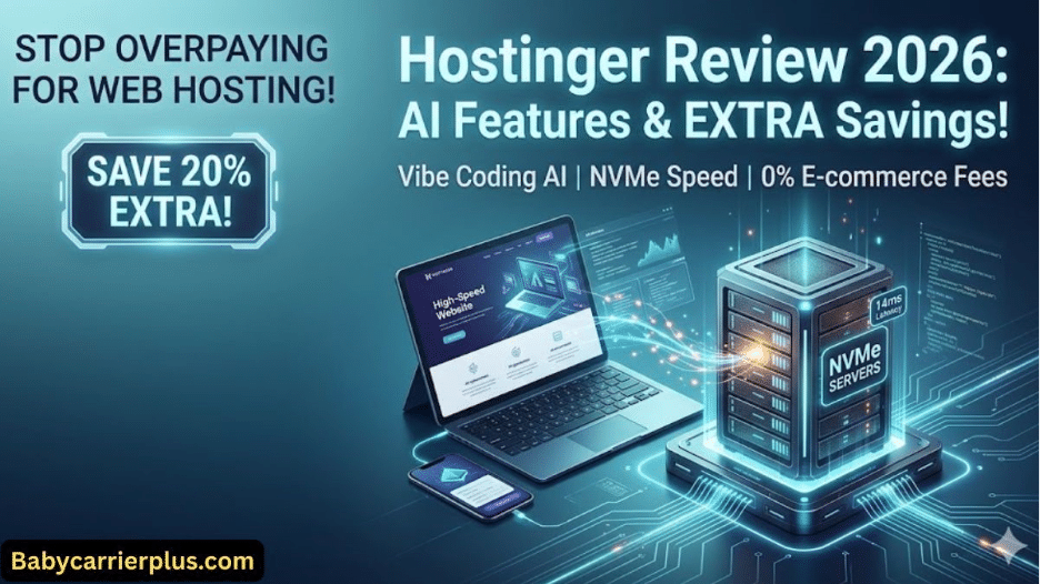 Hostinger Review 2026 featured image showing NVMe servers, AI features, and a 20% extra savings badge.