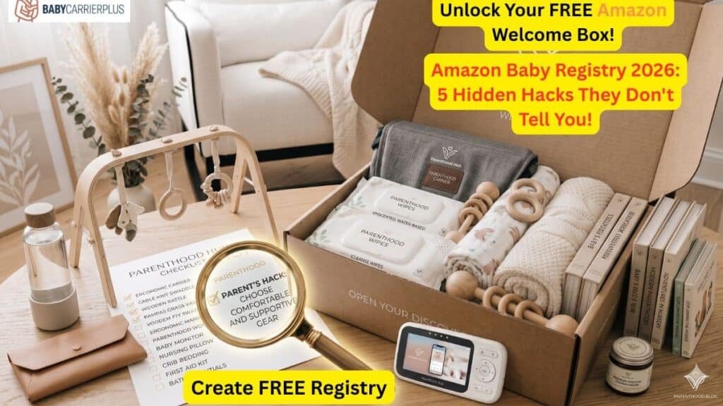 A flat-lay layout of luxury nursery gear, an unlocked Amazon Welcome Box, and a tablet displaying the Amazon Baby Registry savings interface for financial optimization.