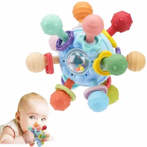 Baby Montessori sensory toy and teether featuring multi-colored textured knobs and a central rattle for infants.