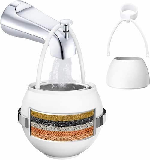 A multi-stage white bathtub water filter hanging from a chrome tub faucet, showing a cross-section diagram of multi-layer filtration media including KDF-55, calcium sulfite, and activated carbon layers for hard water softening.