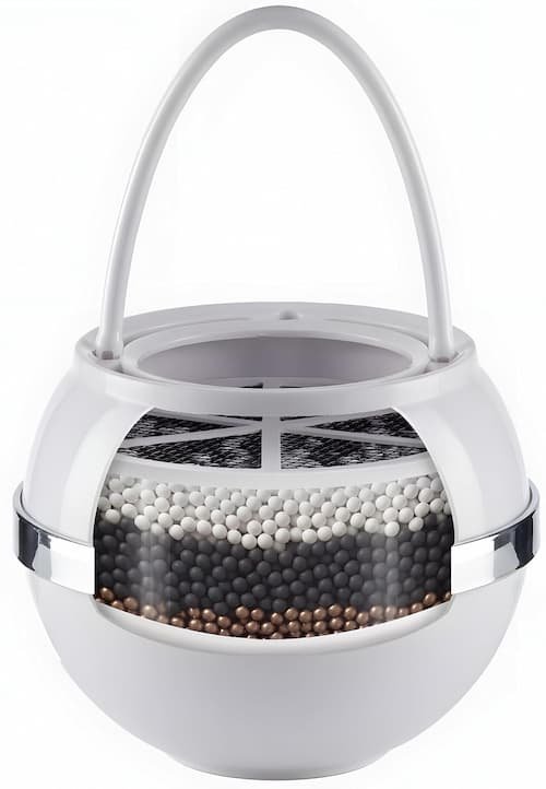 A white spherical Crystal Quest bath ball filter hanging from a tub faucet, showing a transparent cross-section of internal multi-layer filtration media beads.