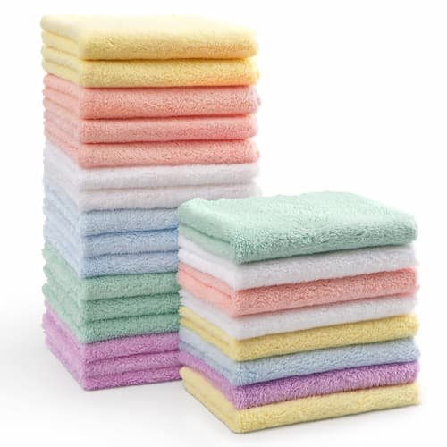 HOMEXCEL 24-pack microfiber coral fleece baby washcloths in multicolor stacked layers.