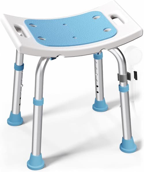 A light blue and white adjustable shower stool with suction feet designed for use inside a shower or tub.