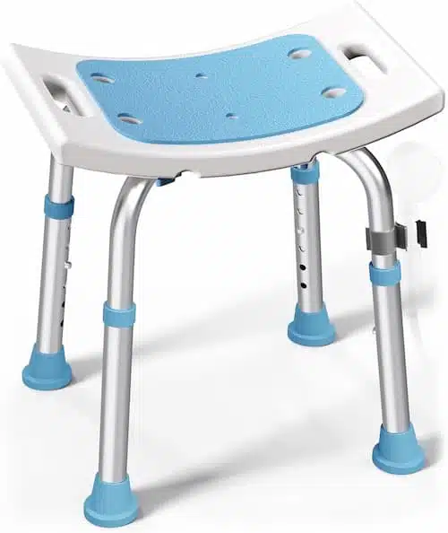 A light blue and white adjustable shower stool with suction feet designed for use inside a shower or tub.