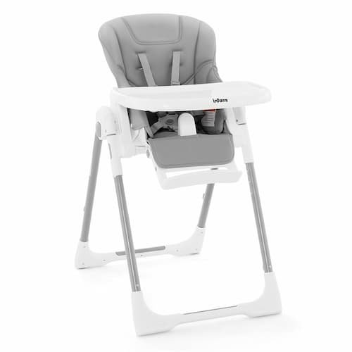 INFANS foldable high chair for babies and toddlers in light grey featuring a detachable PU leather cushion and adjustable backrest.