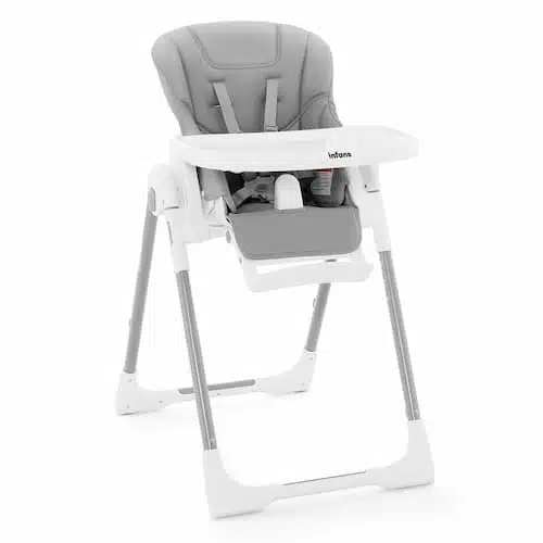 INFANS foldable high chair for babies and toddlers in light grey featuring a detachable PU leather cushion and adjustable backrest.