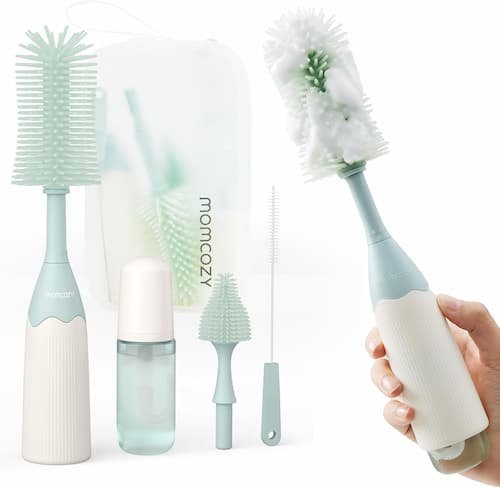 Momcozy silicone baby bottle brush cleaning kit with push-press foam handle and nipple cleaner standing upright for Prime Day sales.