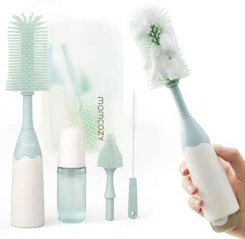 Momcozy silicone baby bottle brush cleaning kit with push-press foam handle and nipple cleaner standing upright for Prime Day sales.
