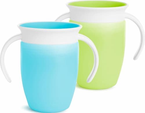 Munchkin Miracle 360 sippy cups 2-pack in blue and green with transition handles for toddlers.