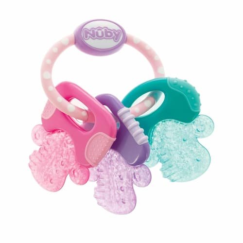Nuby Ice Gel teether keys silicone soothing baby toy in pink with textured cooling surfaces.