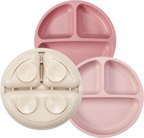 PandaEar 3-pack silicone divided suction plates for toddlers in pink, linen, and light pink colors.