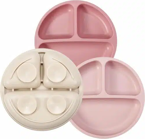 PandaEar 3-pack silicone divided suction plates for toddlers in pink, linen, and light pink colors.