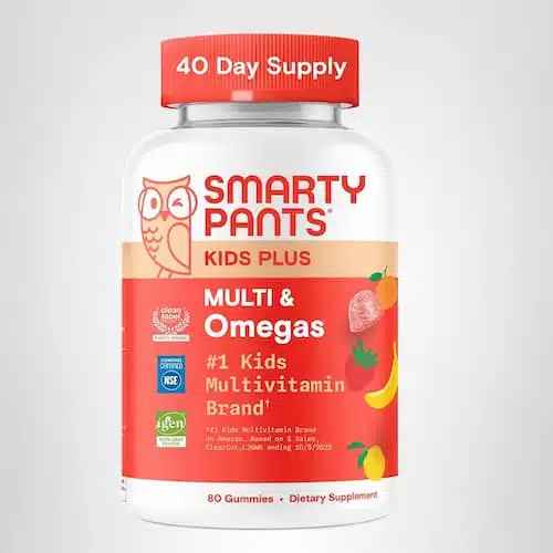 A bottle of SmartyPants Kids Multivitamin Gummies featuring Omega-3 DHA/EPA, Vitamin D3, and Zinc, formulated for children's healthy development.