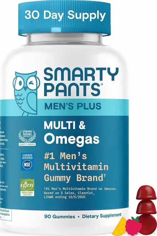 A 90-count bottle of SmartyPants Men's Multivitamin Gummies, featuring a raspberry lemonade flavor, formulated with Omega-3 DHA/EPA, Methylfolate, Vitamin D3, and Zinc.