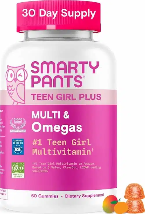 A bottle of SmartyPants Teen Girl Plus Multivitamin Gummies, featuring Omega-3 DHA/EPA, Vitamin D3, and Biotin, formulated for teen girl health.