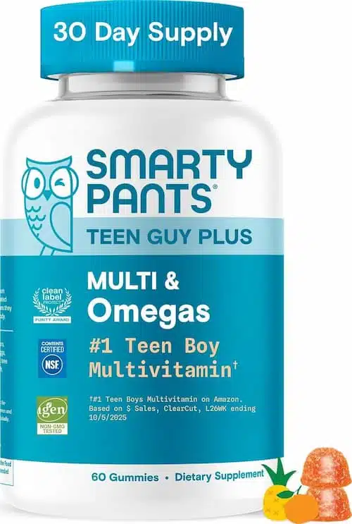 A bottle of SmartyPants Teen Guy Plus Multivitamin Gummies, featuring Omega-3 DHA/EPA, Vitamin D3, and Zinc, specifically formulated for teen boys.