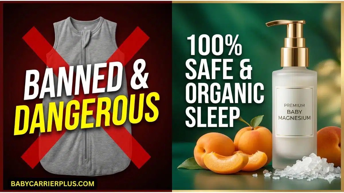 Split screen infographic comparing a banned dangerous weighted infant sleep sack with safe transdermal magnesium lotion for baby sleep
