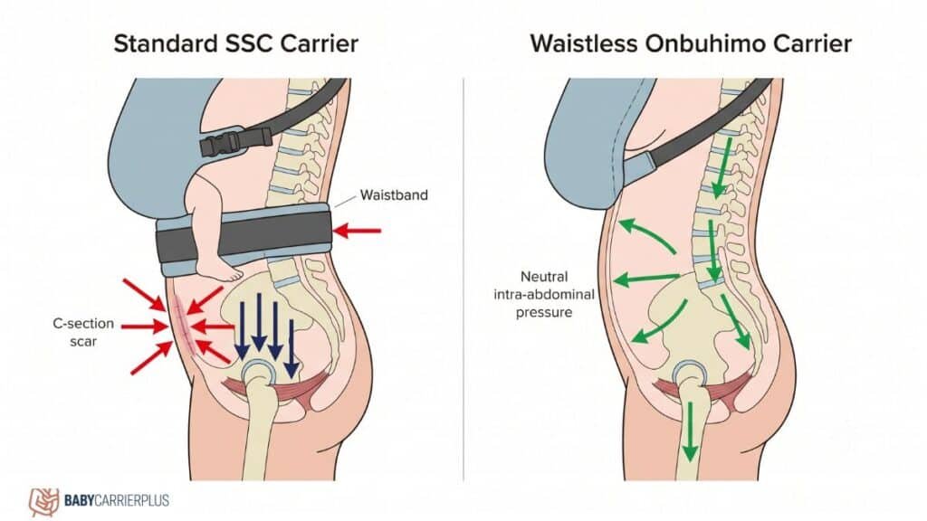A medical vector diagram comparing a standard soft-structured carrier waistband crushing a post-C-section scar against a waistless baby carrier maintaining neutral intra-abdominal pressure to prevent pelvic floor strain.