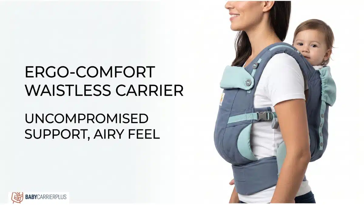 Ergo-comfort waistless baby carrier feature banner showcasing uncompromised support and an airy feel for post-C-section recovery.