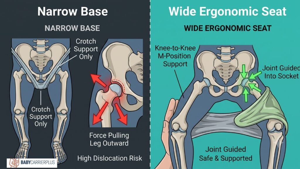 Infant hip anatomy diagram comparing a narrow base with crotch support only causing dynamic dislocation risk, versus a wide ergonomic seat providing knee-to-knee M-position support to safely guide the joint into the acetabular socket.