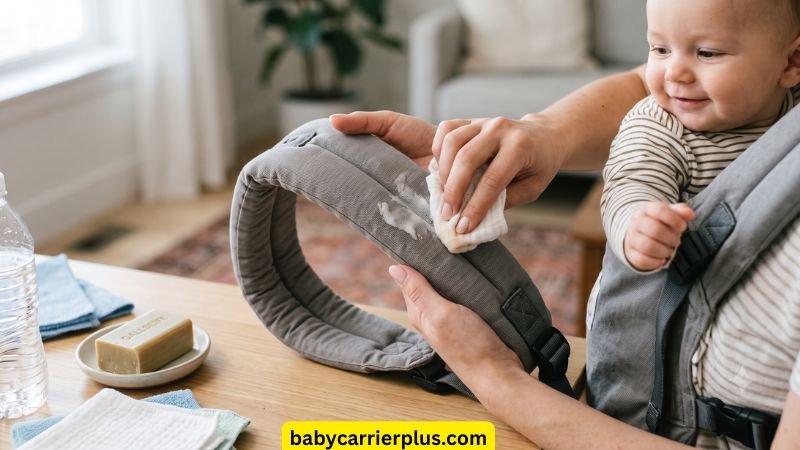 Parent spot cleaning spit up on a grey carrier strap showing how to wash baby carrier fabrics safely.