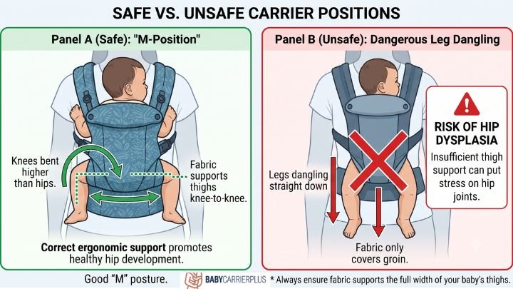 Infographic comparing safe M-position baby carrier placement versus unsafe leg dangling position linked to infant hip dysplasia risk.