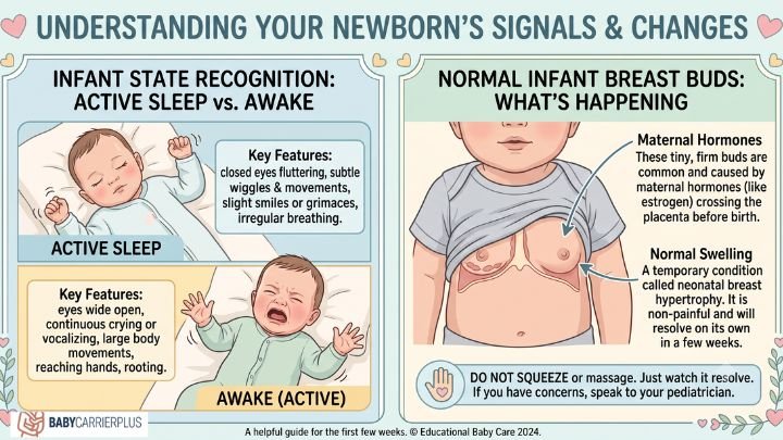 An educational infographic explaining newborn health and milestones, focusing on infant state recognition during active sleep versus awake state, and normal infant breast buds caused by maternal hormones.