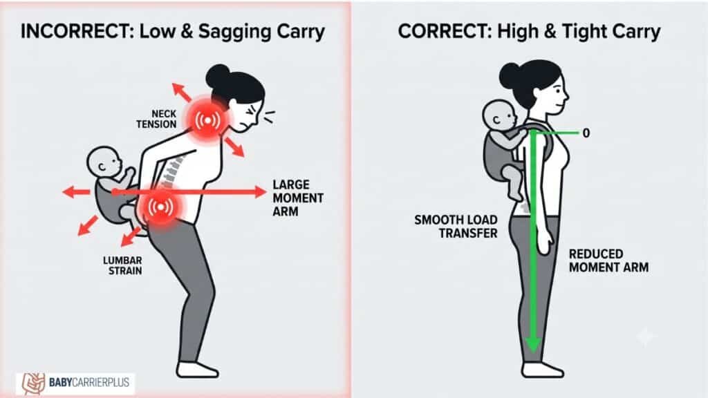 An ergonomic vector diagram comparing the physics of an incorrect low sagging back carry creating a large moment arm against a correct high and tight carry reducing torque on a post-C-section caregiver spine.