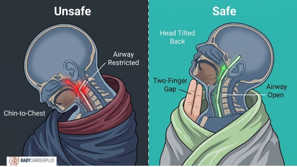 Safe vs unsafe baby carrier positioning diagram showing restricted chin-to-chest airway vs an open airway with a two-finger gap.