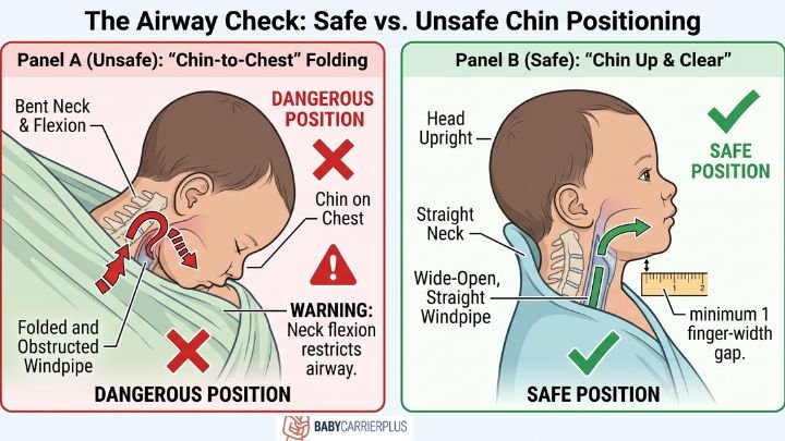 Diagram illustrating safe vs unsafe infant chin positioning in carriers, comparing dangerous chin-to-chest neck flexion with safe upright open airway alignment.